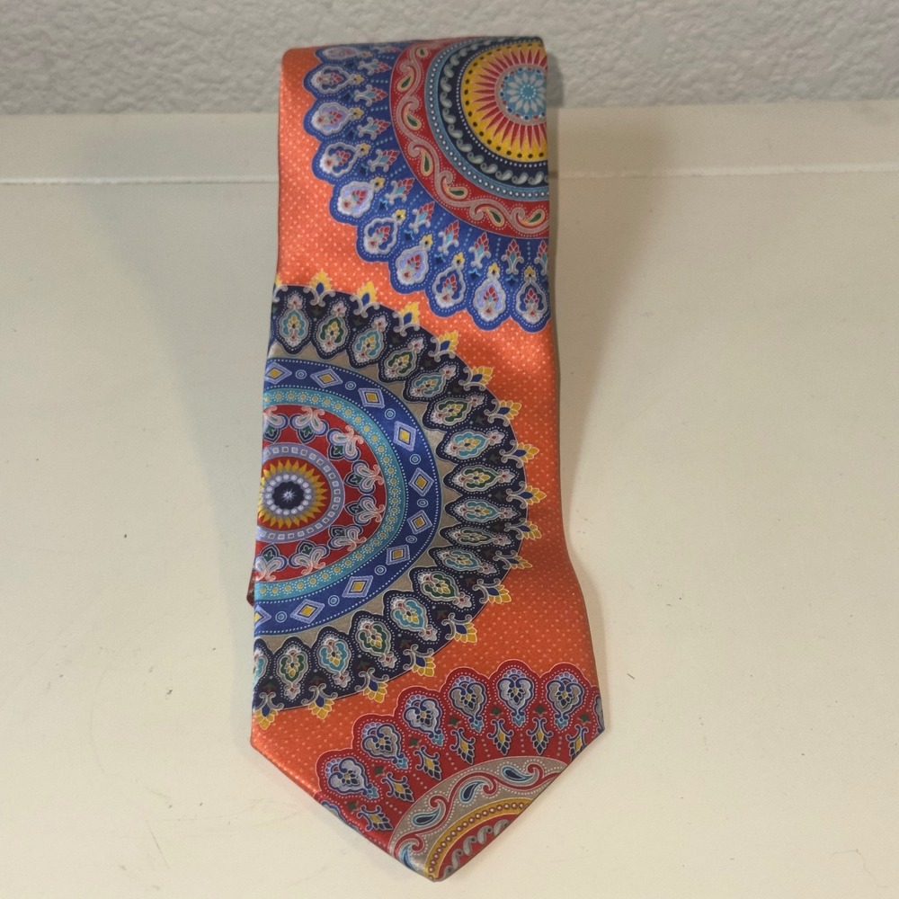 Murano Mens 100% Silk Tie Orange Mandala Paisley Medallion Geometric USA Made